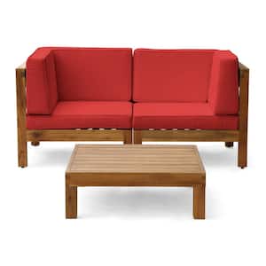 Brava Teak Brown 3-Piece Acacia Wood Patio Conversation Set with Red Cushions