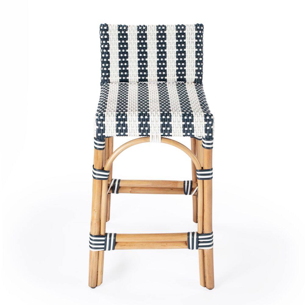 Coastal Charm Rattan and Blue Stripe Low Back Counter Stool