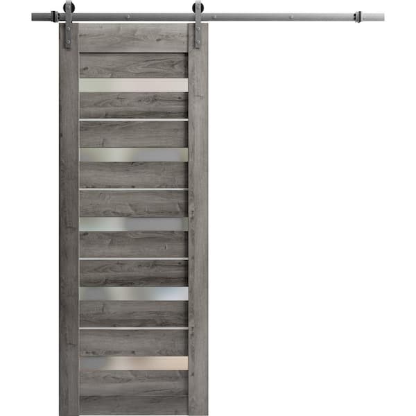 Sartodoors 18 in. x 96 in. 1 Panel Frosted Glass Nebraska Grey Solid MDF Sliding Barn Door with Hardware Kit