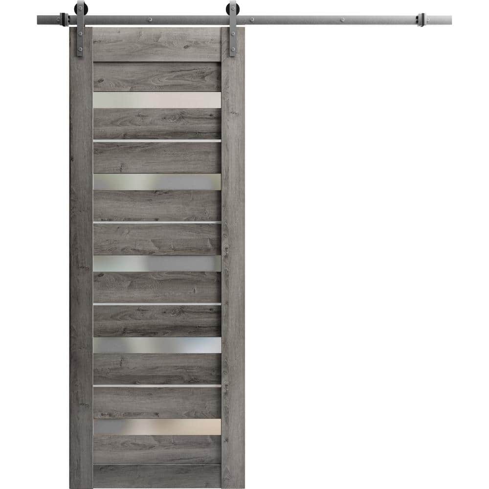 Assembly Required 42 in. x 80 in. 1-Panel Frosted Glass Nebraska Grey Wood Sliding Barn Door with Hardware Kit price history on PriceWatchPro