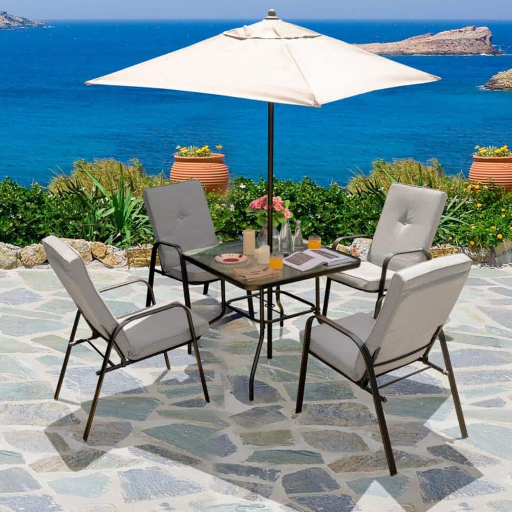 Black Steel Outdoor Dining Chairs with Grey Cushions, Set of 4