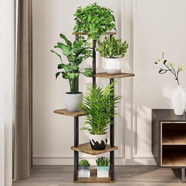 VIVOHOME 2 PCS 5-Tier Corner Shelves, Industrial Wood Plant Stand