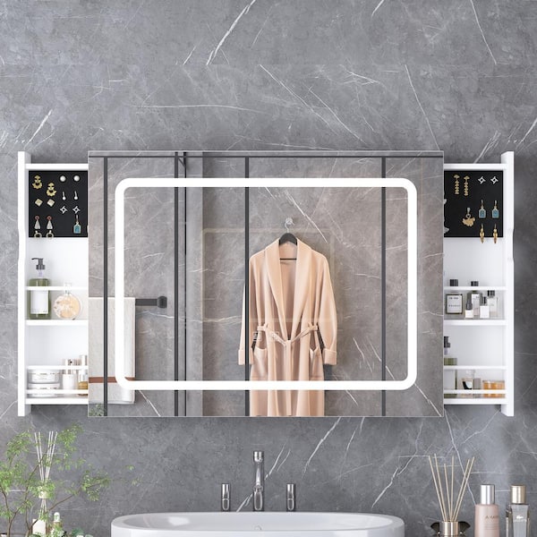 FUFU&GAGA 44.1 in. W x 23.6 in. H Rectangular Bathroom Medicine Cabinet with Mirror, Retractable Shelves, Anti-Fog, LED Lights