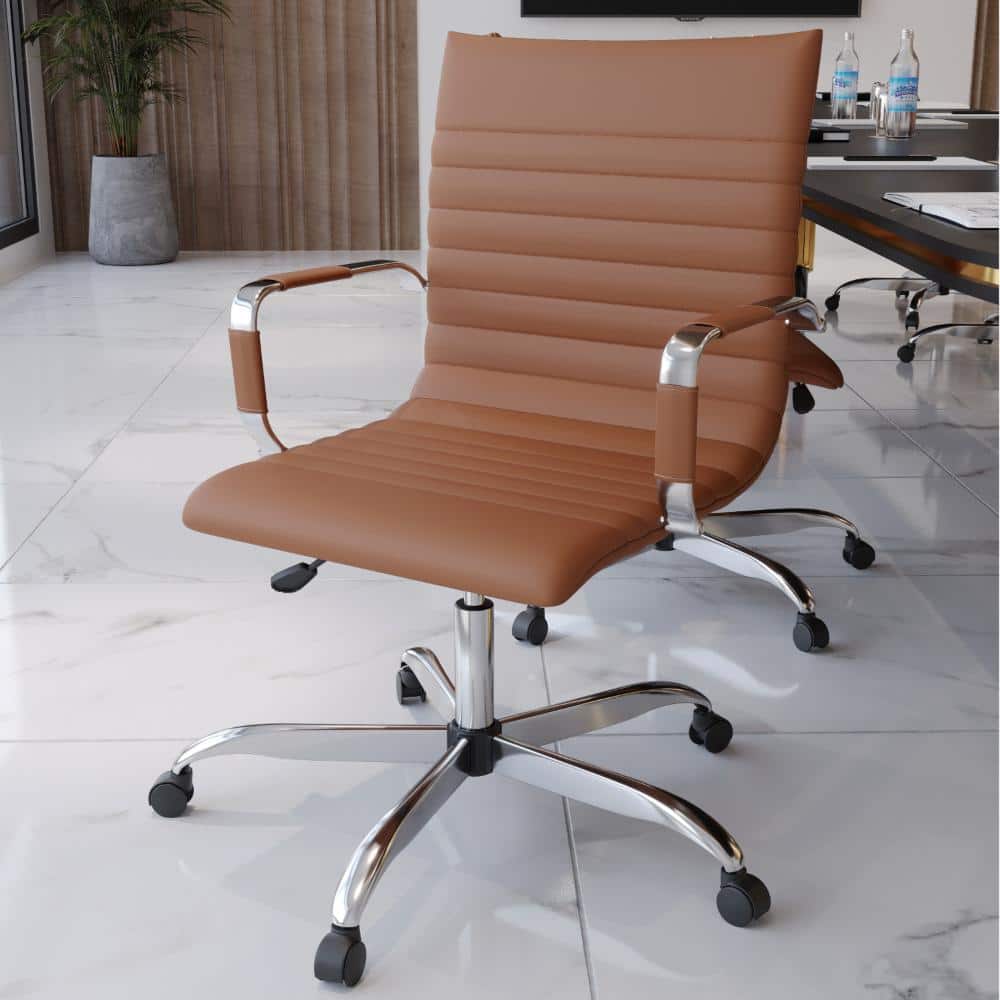 Harris Light Brown Mid-Back Leather Office Chair Chrome Frame Adjustable Height Swivel Tilt Conference Chair