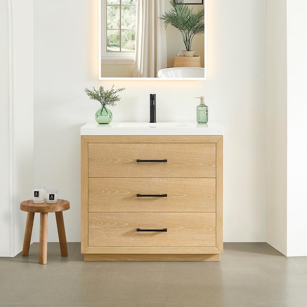 Sigrid 36 in. Single Freestanding White Oak Bath Vanity with White Artificial Stone Top Assembled