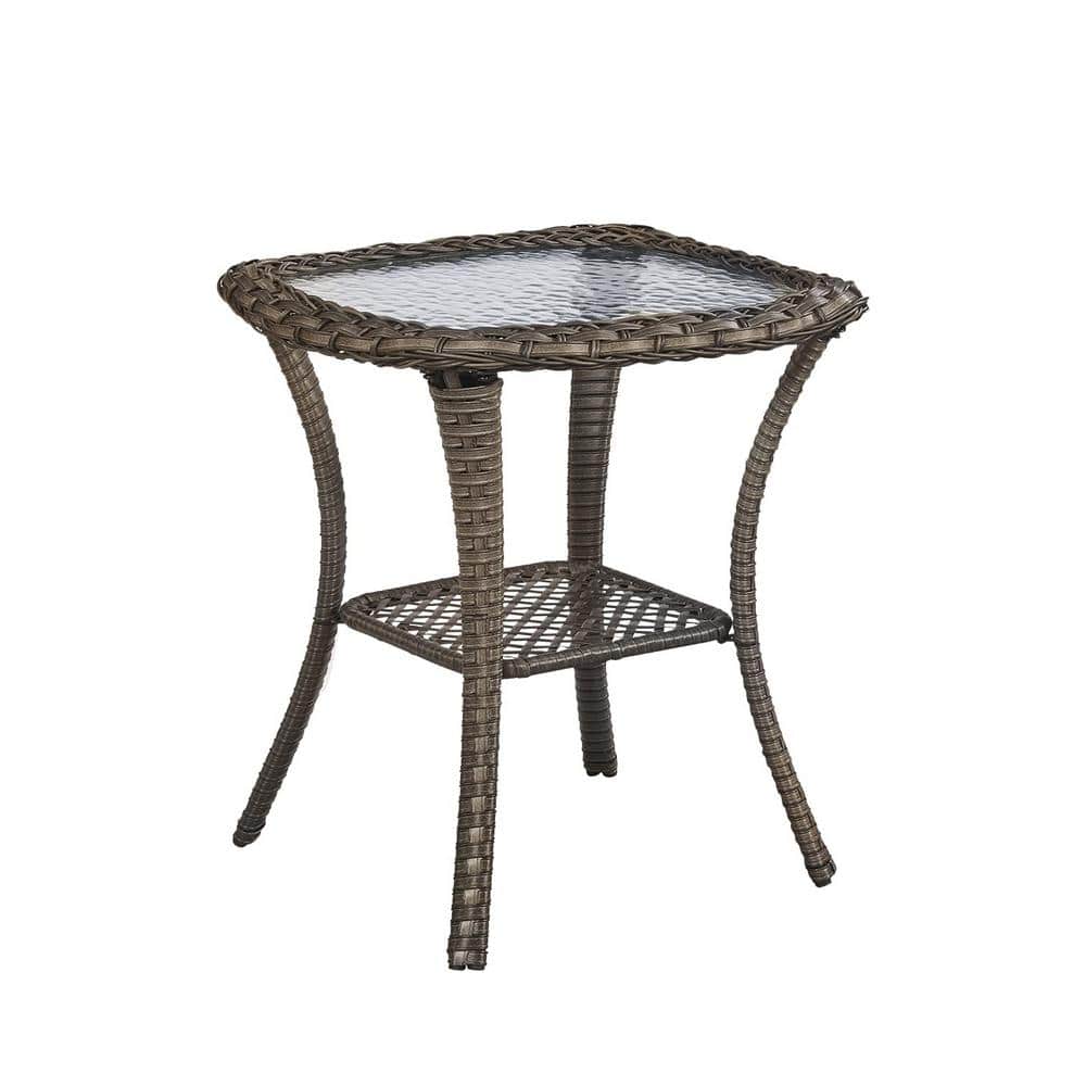 Mixed-Grey Square Wicker Outdoor Side Table with Glass Top