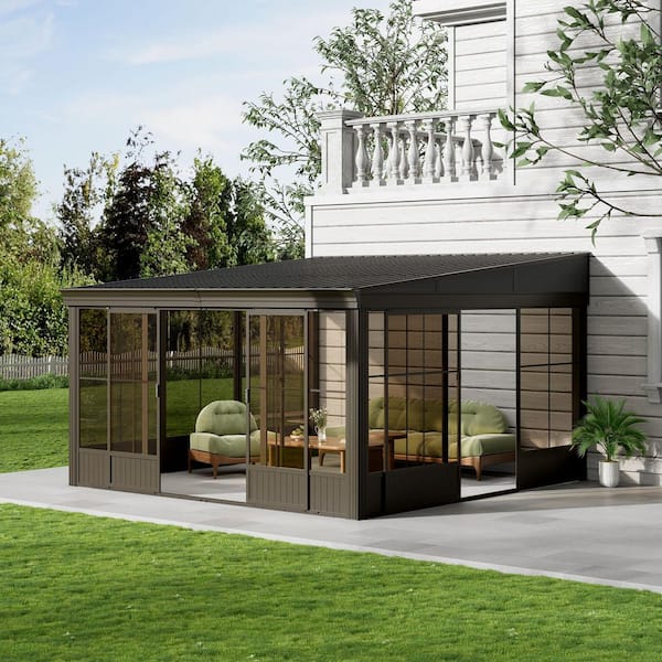 12 ft. x 14 ft. Wall-Mounted Four-Season Solarium with Sliding Glass Doors for Outdoor Living & Patio Enclosure