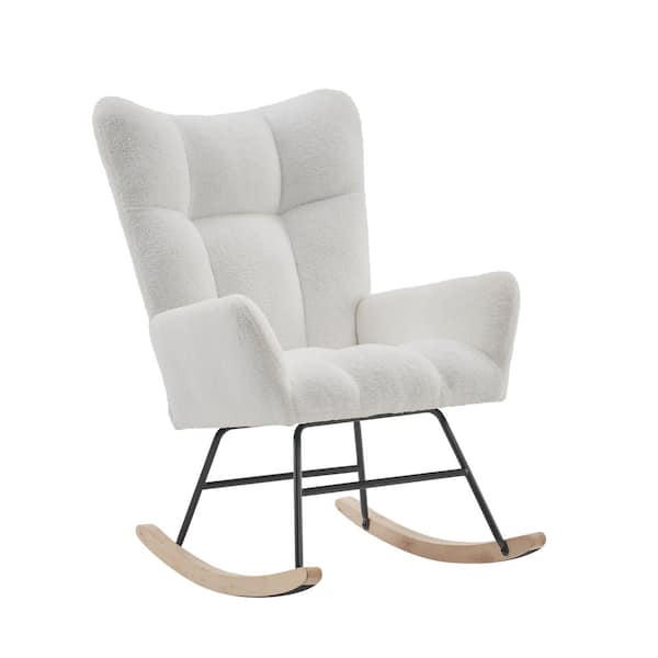 Runesay 37.7 in.W Black Wood Outdoor Rocking Chair with White Cushions