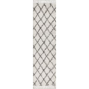 Mercer Shag Plush Tassel Moroccan Geometric Trellis Cream/Grey 2 ft. x 8 ft. Runner Rug
