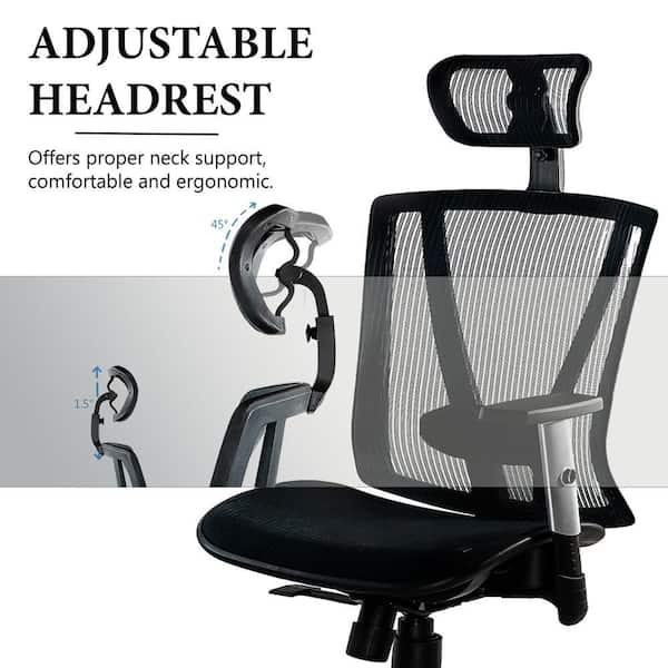 53 in Tall Black Ergonomic Adjustable Office Chair with Fabric Seat, Headrest, Lumbar Support, and Armrests
