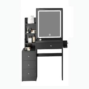 Black 4-Drawer 29.2 in. Wide Dresser with Mirror, Small Space Dresser Desktop Vanity Table Plus Cushioned Stool