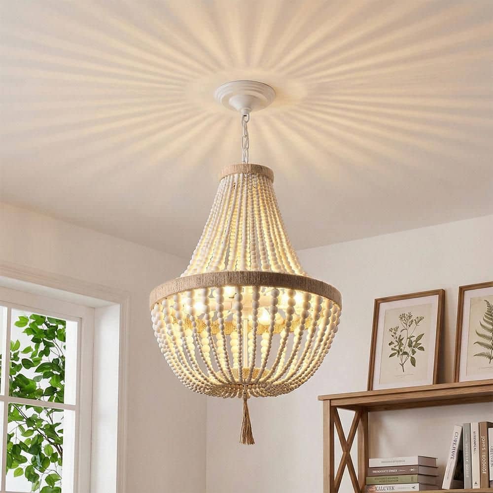 aiwen 18.9 in. 4-Light Bohemian Wood Beaded Chandelier Retro