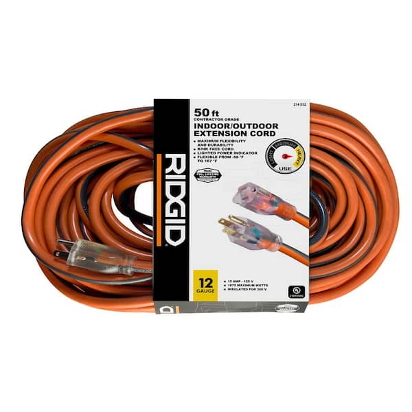 RIDGID 50 ft. 12/3 Heavy Duty Indoor/Outdoor Extension Cord with Lighted End, Orange/Grey