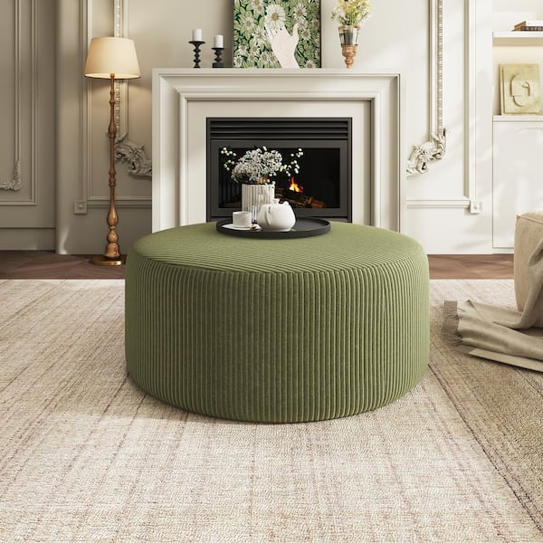 Olive Green Corduroy Fabric Upholstered Round Accent Ottoman