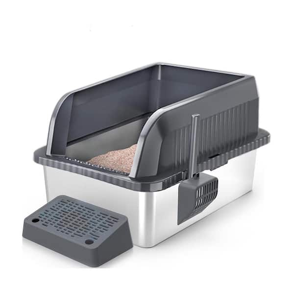 Extra Large Stainless Steel Cat Litter Box with Lid, Scoop, Non-Stick Metal Pan, Double Pedal Design & Anti-Leak, Gray