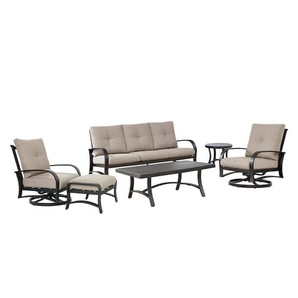 ULAX FURNITURE 6-Piece Aluminum Patio Conversation Set with Beige Sunbrella Cushions, 2-Swivel Chairs, Sofa, Ottoman, 2-Tables
