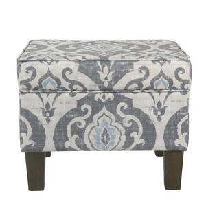 18 in. H Gray and Blue Wooden Ottoman with Patterned Fabric Upholstery and Hidden Storage