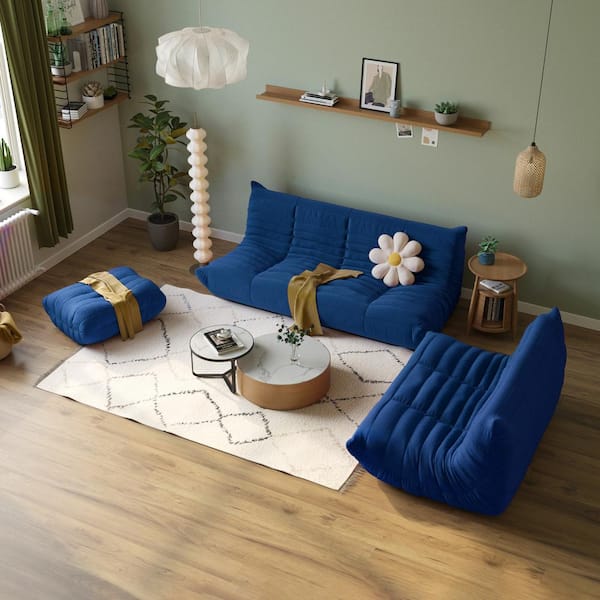 J&E Home 69 in. W Armless Teddy Velvet 3-piece Modular Free Combination Sectional Sofa with Ottoman in. Blue