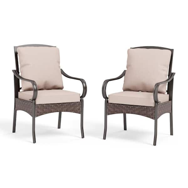 PHI VILLA Metal Frame Patio Dining Chair with Beige Thick Cushions (2-Pack)