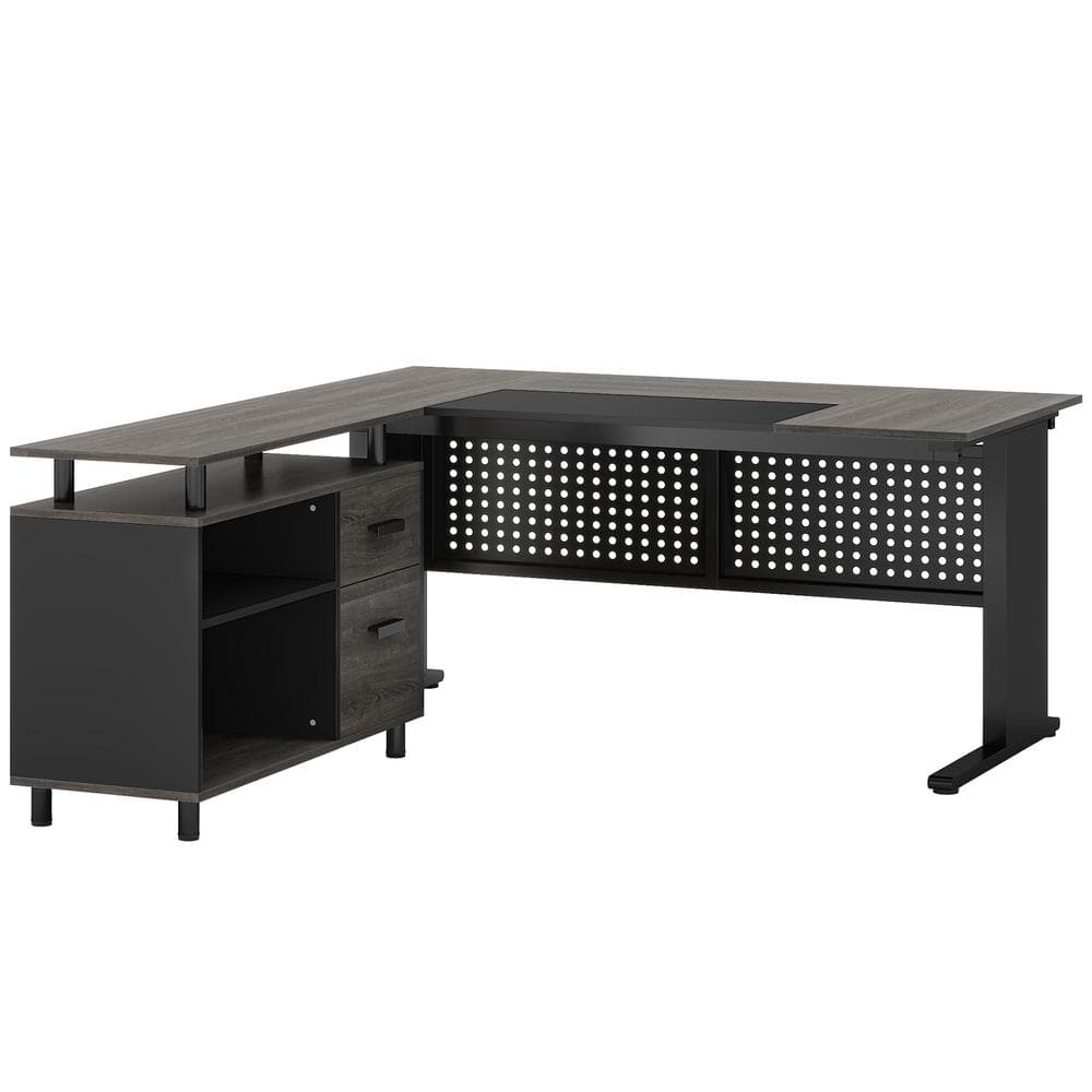 Halseey 63 in. L-Shaped Black Gray Wood 2-Drawer Computer Desk for Home Office, Executive Desk with File Cabinet -  TRIBESIGNS WAY TO ORIGIN, HD-F1860-WZZ