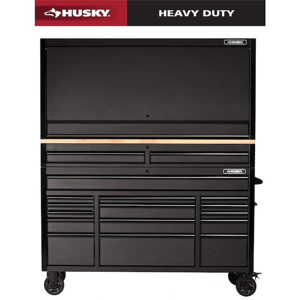 Husky 61 in. W x 23 in. D Heavy-Duty 17-Drawer Mobile Workbench Cabinet with Riser and Hutch in Matte Black