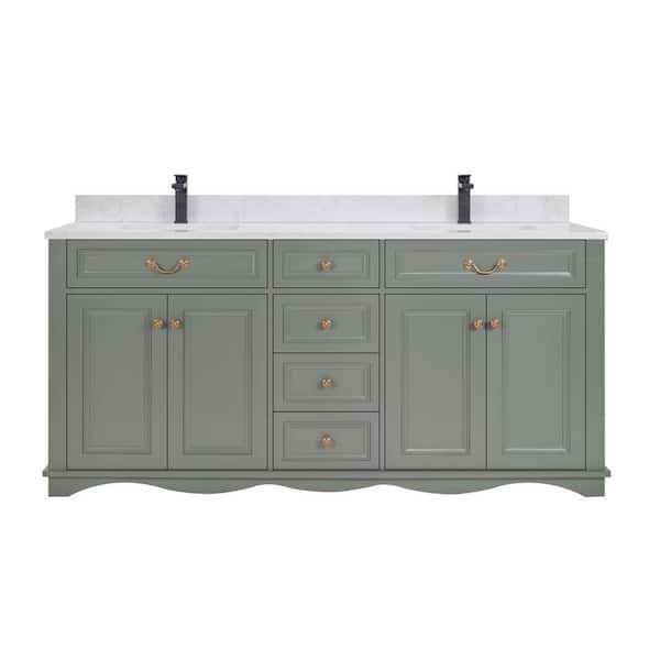 French Contemporary 72 in. Freestanding Pewter Green Bath Vanity with White Artificial Stone Top Assembled Bath Vanity