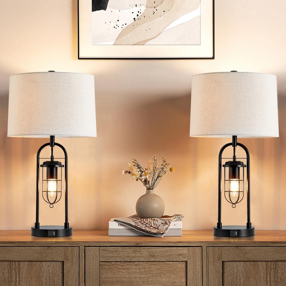 26" Bronze Industrial Table Lamps with USB Ports and Fabric Shades, Set of 2