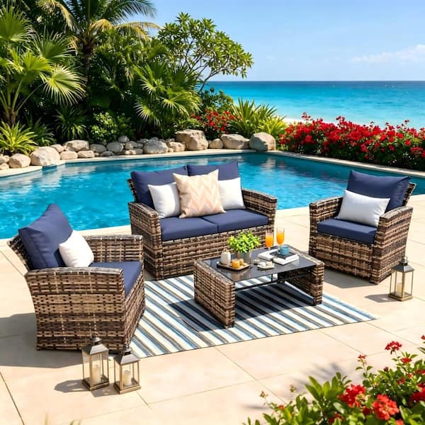 Brown 4-Piece Wicker Outdoor Conversation Sectional Sofa Set with Blue Cushions and Glass Table for Garden Patio Porch