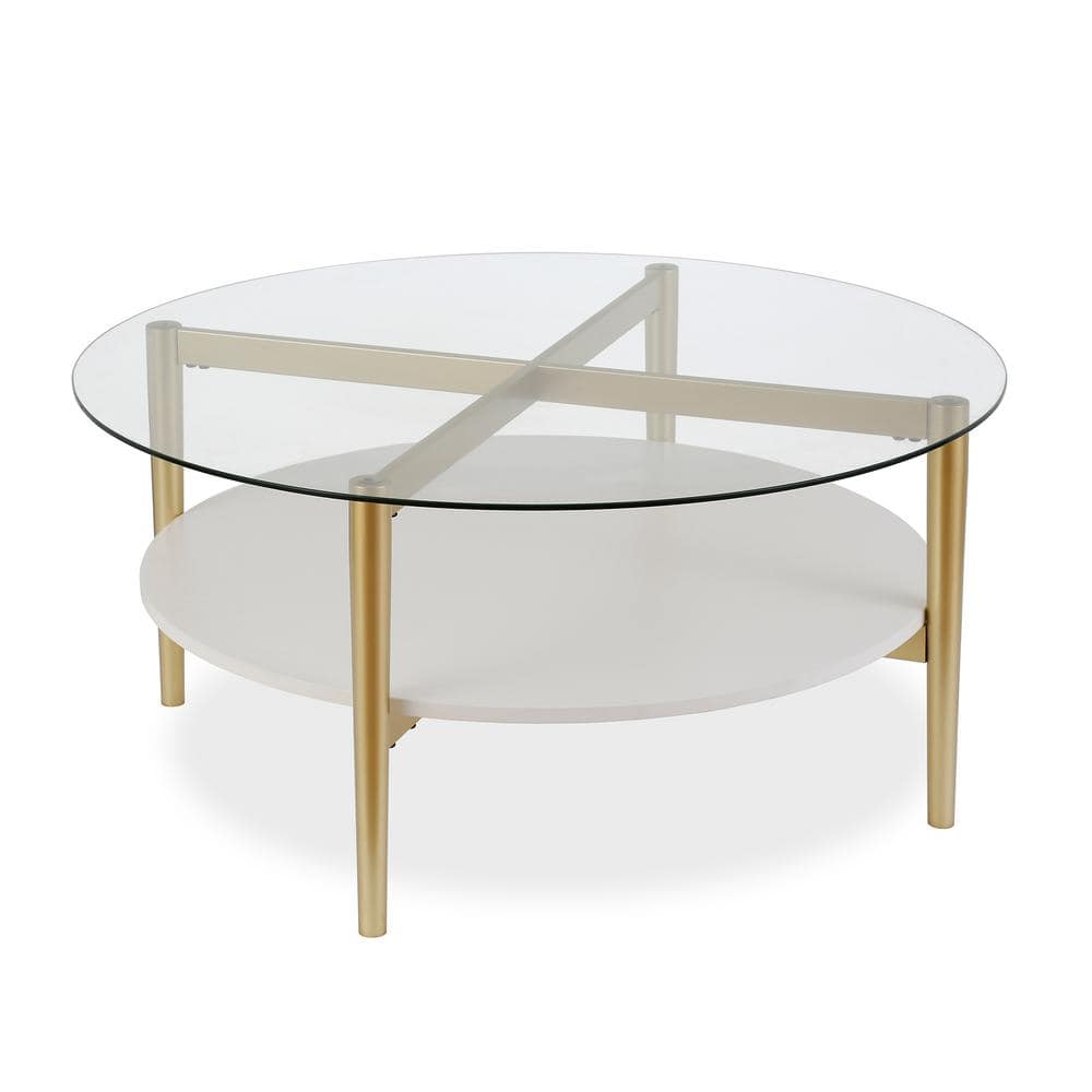Meyer&Cross Otto 36 in. Brass/White Lacquer Round Glass Top Coffee Table  with Shelf CT0139 - The Home Depot