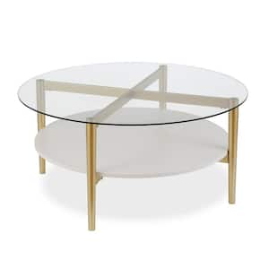 Otto 36 in. Brass/White Lacquer Round Glass Top Coffee Table with Shelf