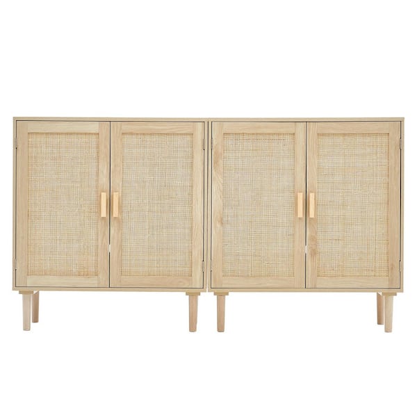 Rattan Cabinet, Set of 2 Rattan Storage Cabinet with 4 Magnetic Doors and Adjustable Shelves, 63 in. D 34.6 in. H, Brown