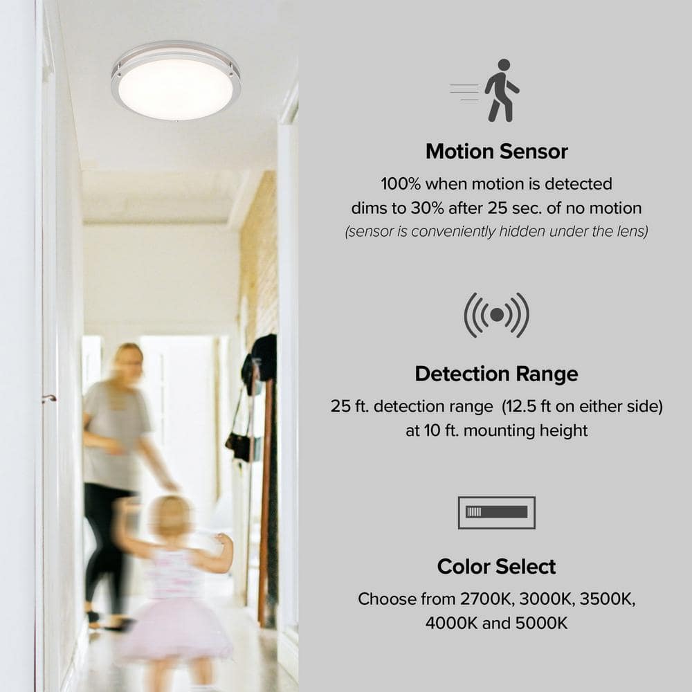 14-Inch Satin Nickel LED Round Flush Mount Ceiling Light with Motion Sensor