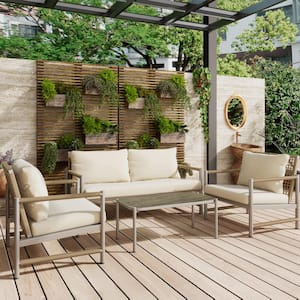 4-Piece Outdoor Wicker Patio Conversation Set with White Thick Cushions and Tempered Glass Tabletop for Garden Poolside