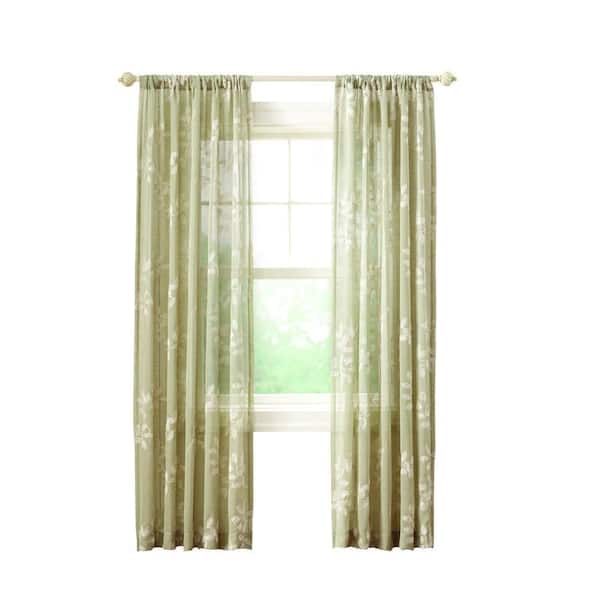 Home Decorators Collection Sheer Green Leaf Embroidery Rod Pocket Curtain - 50 in. W x 63 in. L