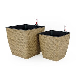 Natural Hand Woven Wicker and Plastic Thin Square Self-Watering Planter Pot Set (2-Pack)