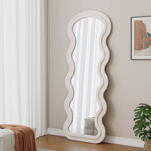 Unbranded Cream White Framed 24 in. W x 63 in. H Full Length Floor Mirror, Flannel Wrapped Wood Framed Wavy Shape Floor Mirror