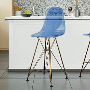 Cresco Modern Acrylic Bar Stool with Gold Chrome Steel Base and Footrest Set of 2 in Transparent Blue