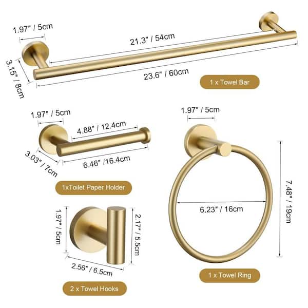 5-Piece Wall-Mounted Bathroom Hardware Set, Stainless Steel Bath Towel Bar Set, Shape of Round, Gold