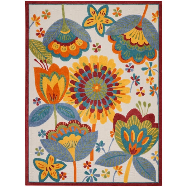 Aloha Multicolor 9 ft. x 12 ft. Floral Contemporary Indoor/Outdoor Patio Area Rug
