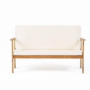 Brown Acacia Wood Outdoor Loveseat with Beige Cushions