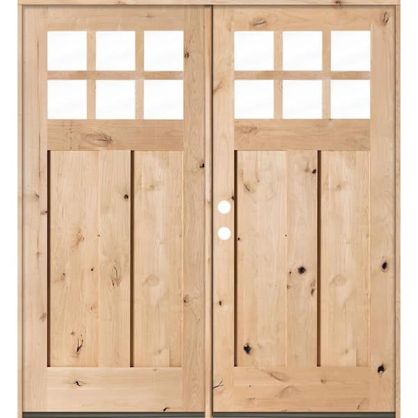 64 in. x 80 in. Craftsman Knotty Alder Right-Hand/Inswing Double 6-Lite Clear Glass Unfinished Wood Prehung Front Door