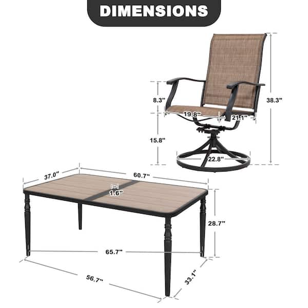 Black 7-Piece Metal and Textilene Rectangle Outdoor Dining Set with Umbrella Hole, Wood-Grain Tabletop and Swivel Design
