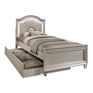 2 Piece Penella Pearl White Twin Youth Bed with Trundle and LED Headboard