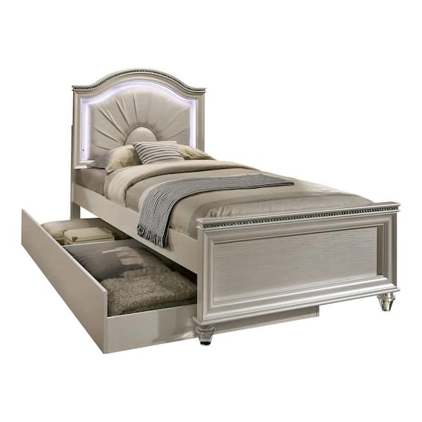 Panella 2 Piece Pearl White Twin Youth Bed with Trundle and LED Headboard