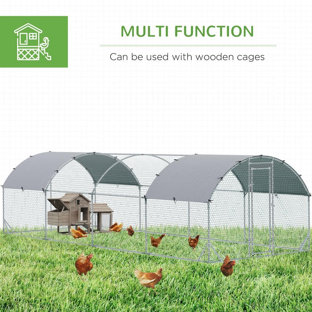 Large Silver Metal Walk-In Chicken Coop with UV-Resistant Cover