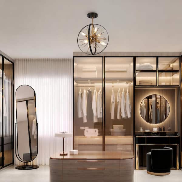 18.1 in. 6-Light Modern Transitional Black Semi-Flush Mount Light, Brass Globe Ceiling Light for Foyer and Kitchen