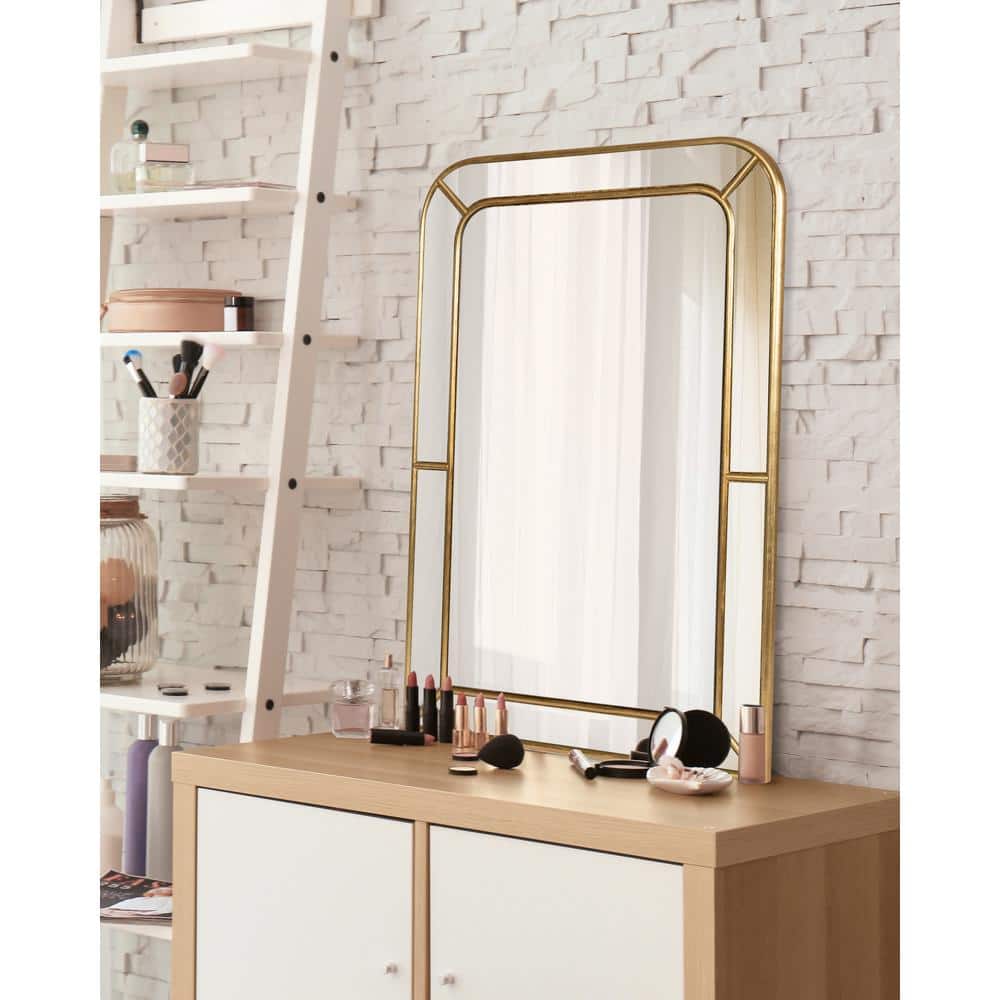 Gold Framed Rectangular Wall Mirror with Wooden Overlay
