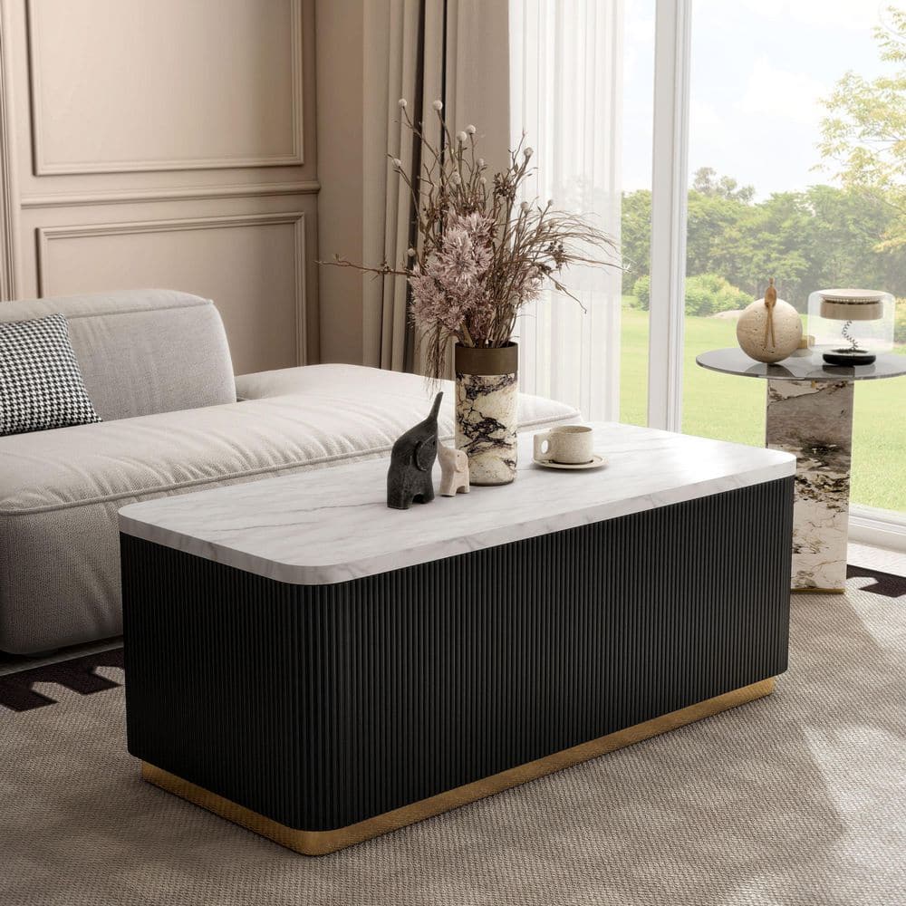 Keith 47.5 in. Black and White Rectangle Marble Top Coffee Table with Gold Accent Reeded Plinth Base price history on PriceWatchPro