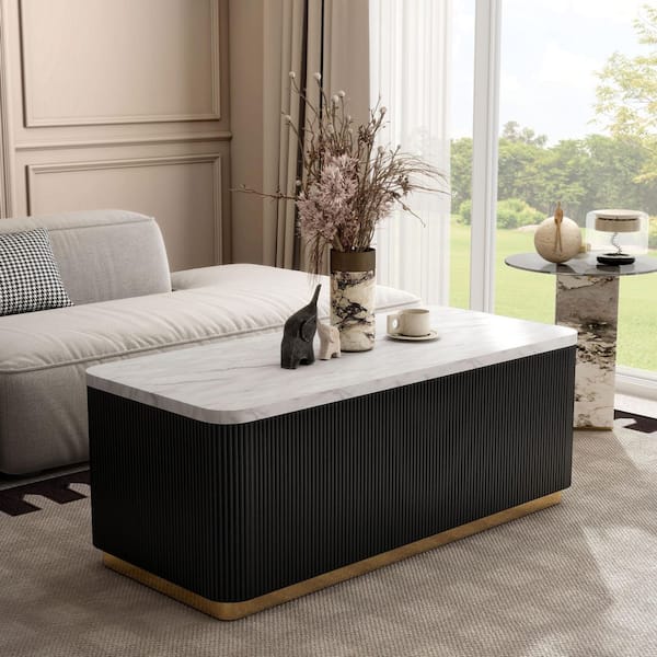 Furniture of America Keith 47.5 in. Black and White Rectangle Marble Top Coffee Table with Gold Accent Reeded Plinth Base