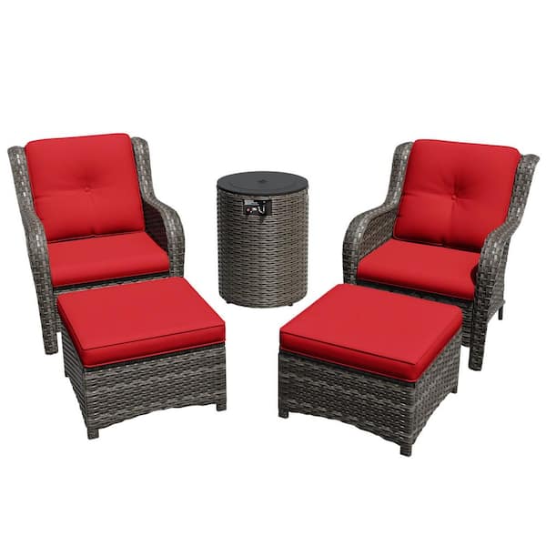 5-Piece Fire Pit Patio Set Wicker Outdoor Patio Conversation Set with Lounge Chairs, Ottomans and Red Cushions